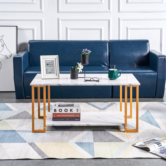 Leuco 39.37" Marble Coffee Table with Gold Iron Frame, 2-Tier Storage Shelf, Rectangular Modern Living Room or Lounge Table for Home, Office or Cafe – White Top