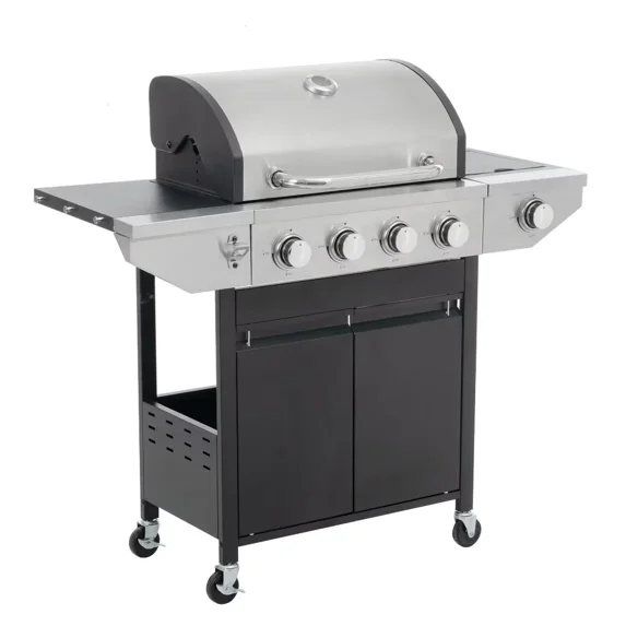 Leuco 4 Burner BBQ Propane Gas Grill, 46,500 BTU Stainless Steel Patio Garden Barbecue Grill with Stove and Side Table