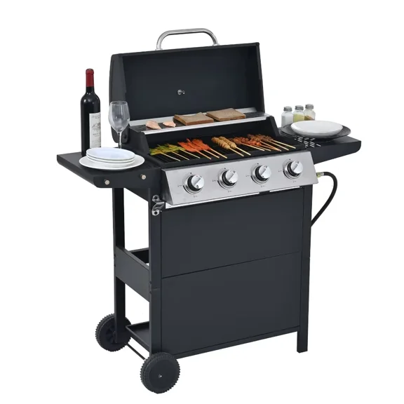Leuco 4-Burner Propane Gas BBQ Grill with Side Burner & Porcelain-Enameled Cast Iron Grates, 34,000 BTU Output Stainless Steel Grill for Outdoor Cooking Kitchen and Patio Backyard Barbecue