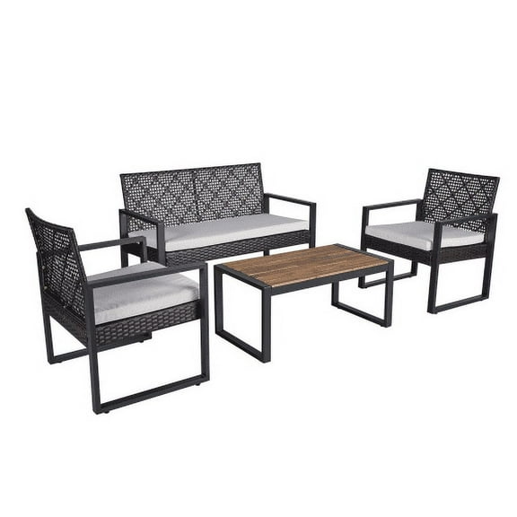 Leuco Black Outdoor Porch Set, 4 Pieces Luxury Patio Seating, Modern Conversation Patio Furniture with Coffee Table and Seat Cushions for Home Garden Backyard Balcony, Black