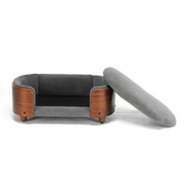 Leuco Elevated Dog Bed Small, Scandinavian Pet Sofa with Solid Wood Legs, Walnut Bent Wood Back, Dark Grey Velvet