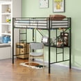 thumbnail image 1 of Leuco Metal Loft Bed with Desk, Power Outlet, and LED Lighting, Features Safety Guardrail and Ladder, No Box Spring Needed, Space-Saving, Black, 1 of 9