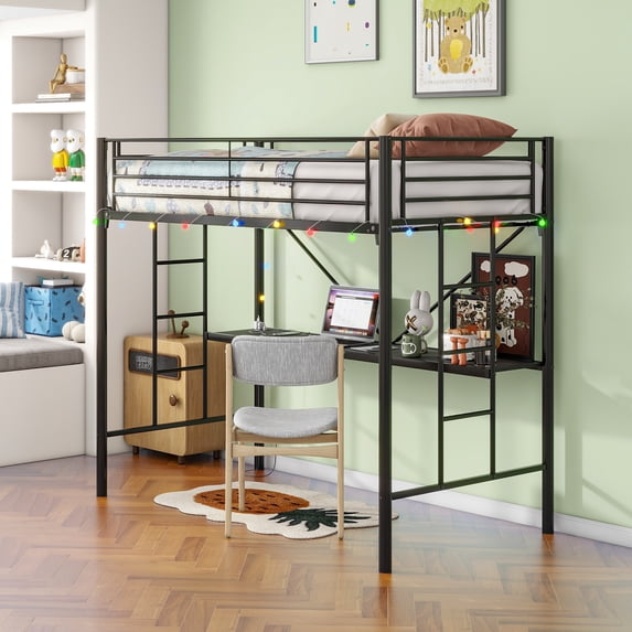 Leuco Metal Loft Bed with Desk, Power Outlet, and LED Lighting, Features Safety Guardrail and Ladder, No Box Spring Needed, Space-Saving, Black