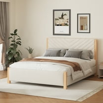 Leuco Queen Size Upholstered Platform Bed Frame with Wood Legs & Headboard, No Box Spring Needed, Beige