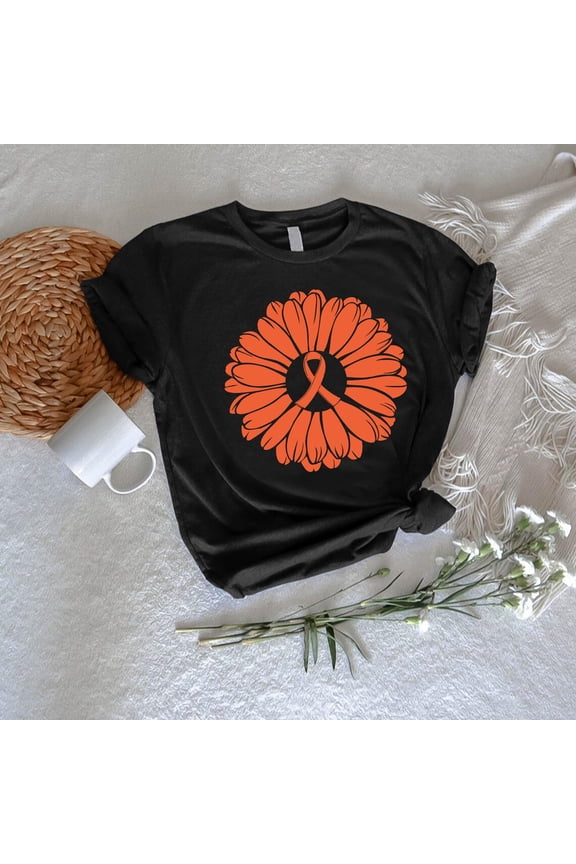 Leukemia Awareness T-Shirt: Sunflower Orange Ribbon, Cancer Support Gift TSHIRT All Size S-5XL