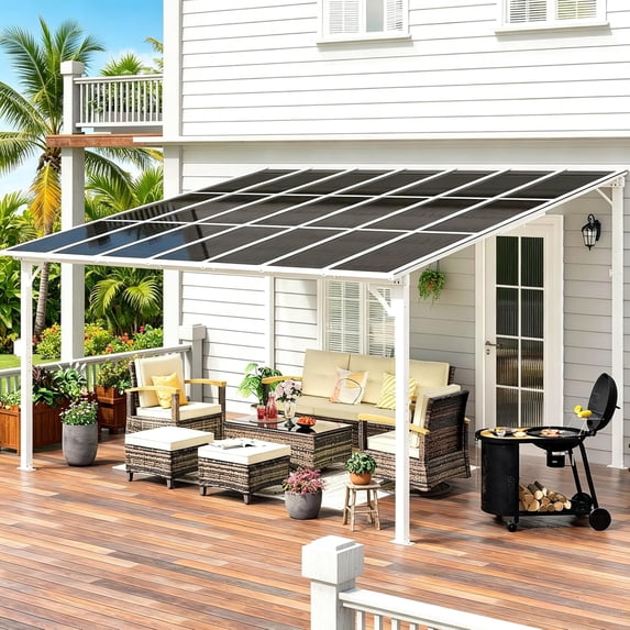 Leukture 12' x 14' Wall Mounted Lean to Metal Awnings with Sloped Roof Outdoor Patio Gazebo Awning for Backyard Deck White