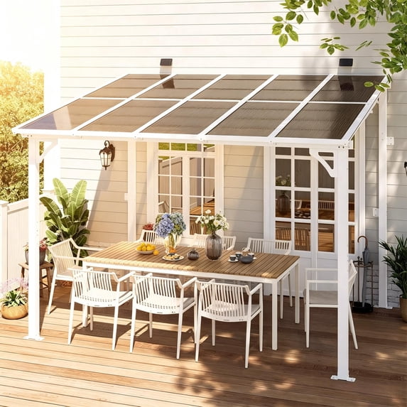Leukture 8' x 10' Wall Mounted Lean to Metal Awnings with Sloped Roof Outdoor Patio Gazebo Awning for Backyard Deck White