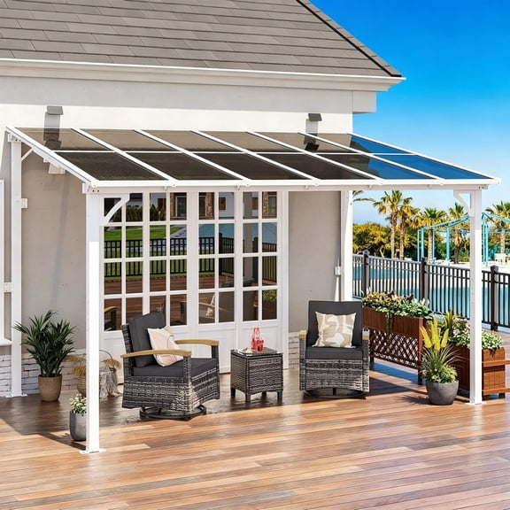 Leukture 8' x 12' Wall Mounted Lean to Metal Awnings with Sloped Roof Outdoor Patio Gazebo Awning for Backyard Deck White