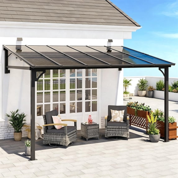 Leukture 8' x 12' Wall Mounted Lean to Metal Awnings with Sloped Roof Outdoor Patio Gazebo Awning for Backyard Deck White