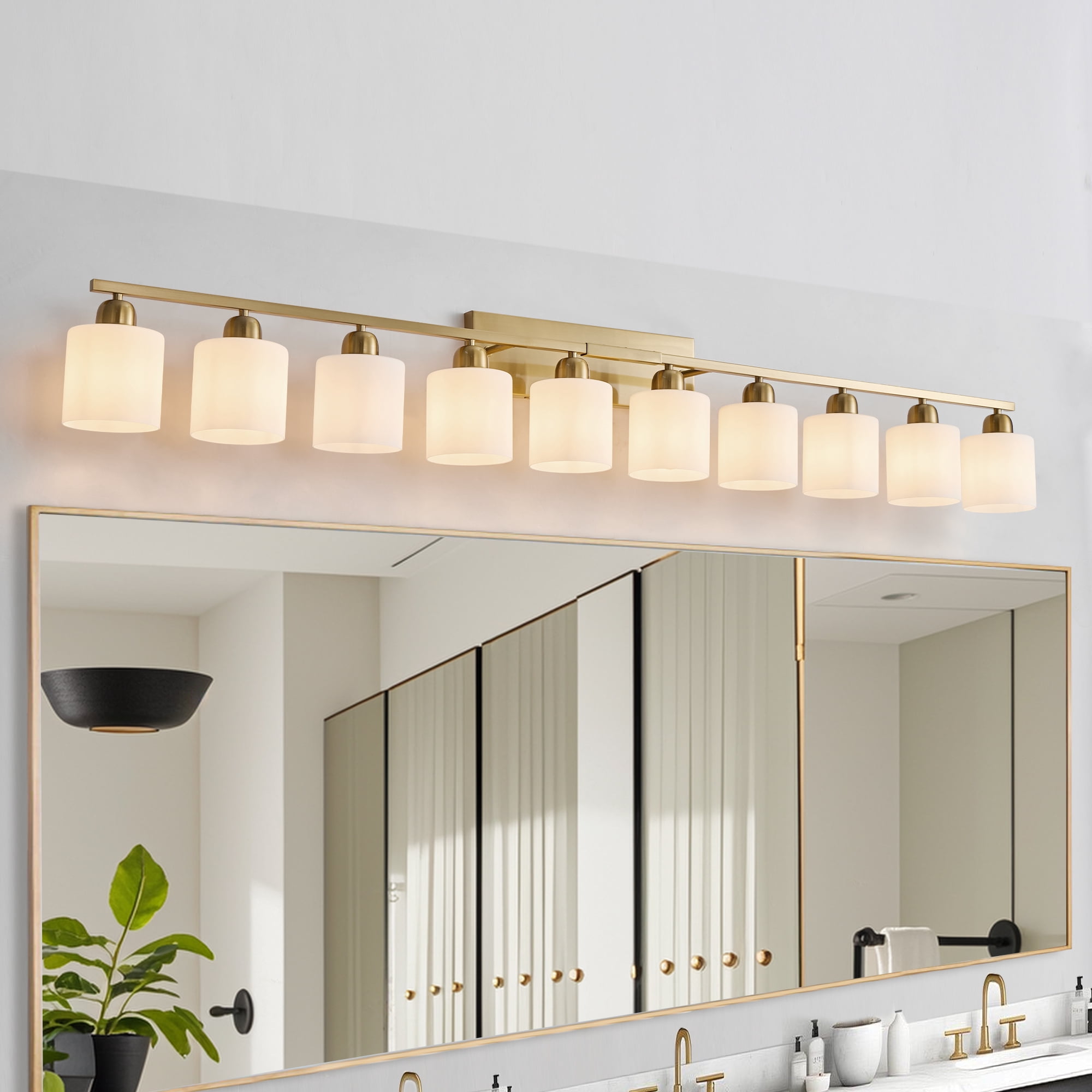 Leumius 10-Light Bathroom Vanity Light Fixture, Modern Vanity Light Over Mirror, Wall Sconces with Milky White Frosted Glass Shades for Mirror, Bathroom, Bedroom and Hallway Gold (No Bulbs)