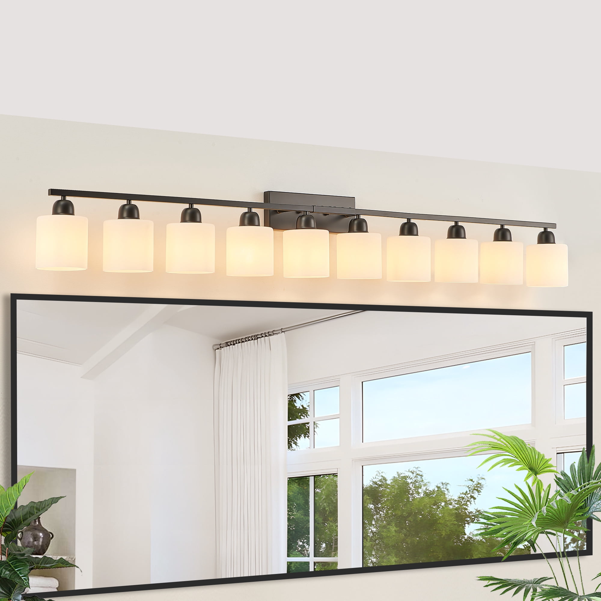 Leumius 10-Light Bathroom Vanity Light Fixture, Modern Vanity Light Over Mirror, Wall Sconces with Milky White Frosted Glass Shades for Mirror, Bathroom, Bedroom and Hallway Black (No Bulbs)