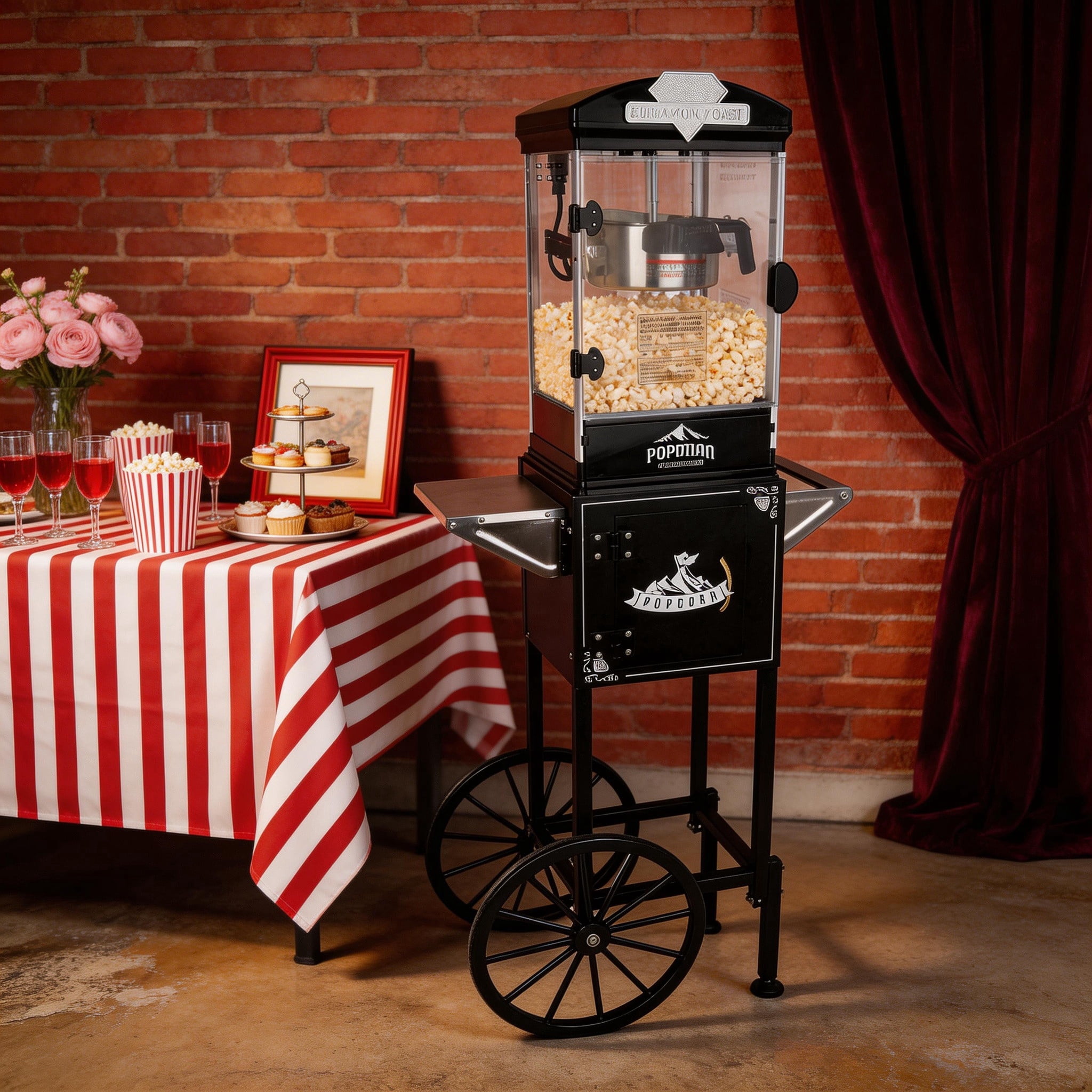 Leumius 10 Oz Popcorn Machine with Cart and Wheels Popcorn Maker Measuring 3 plastic Spoon for Parties, Events, and Home Theater Black