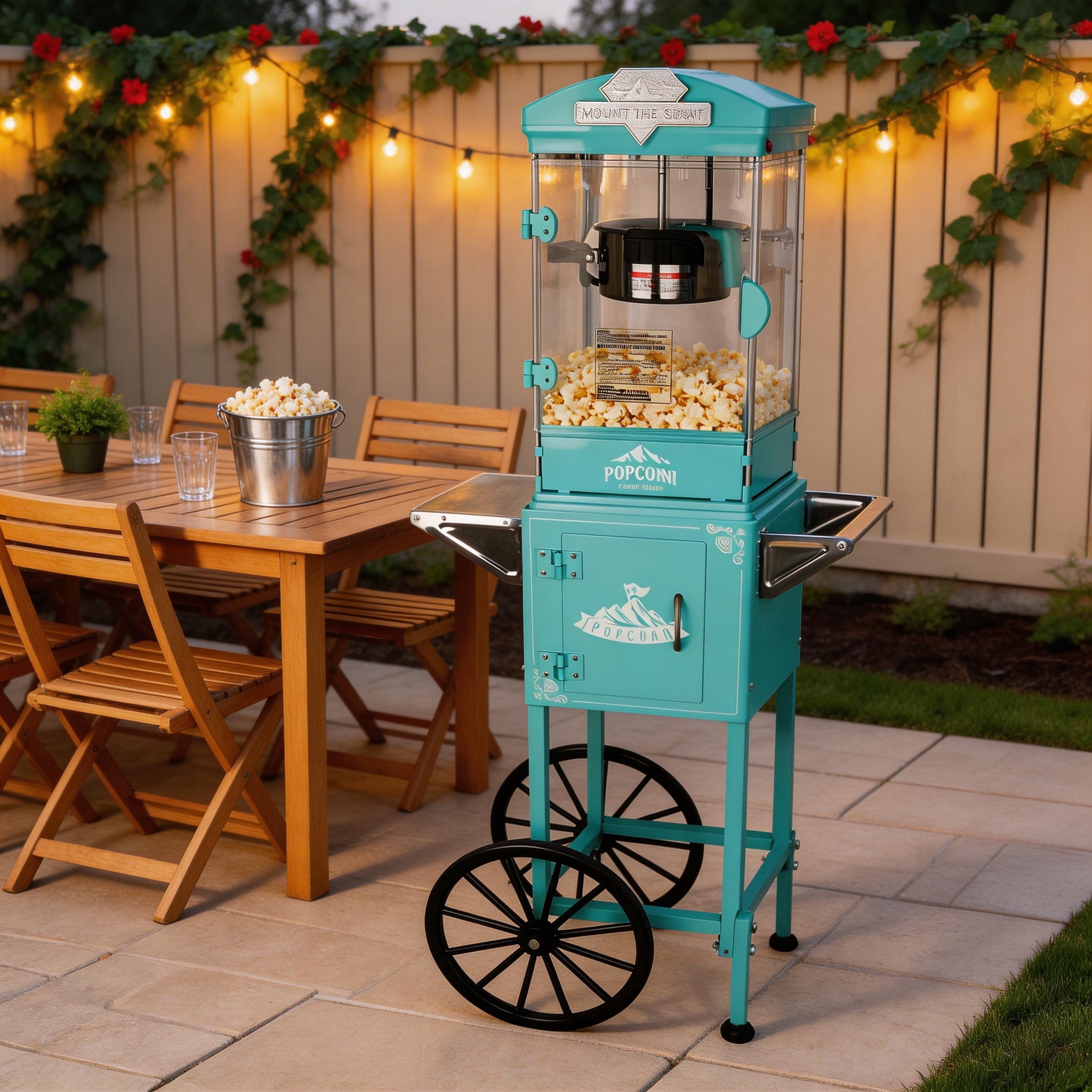 Leumius 10 Oz Popcorn Machine with Cart and Wheels Popcorn Maker Measuring 3 plastic Spoon for Parties, Events, and Home Theater Cyan