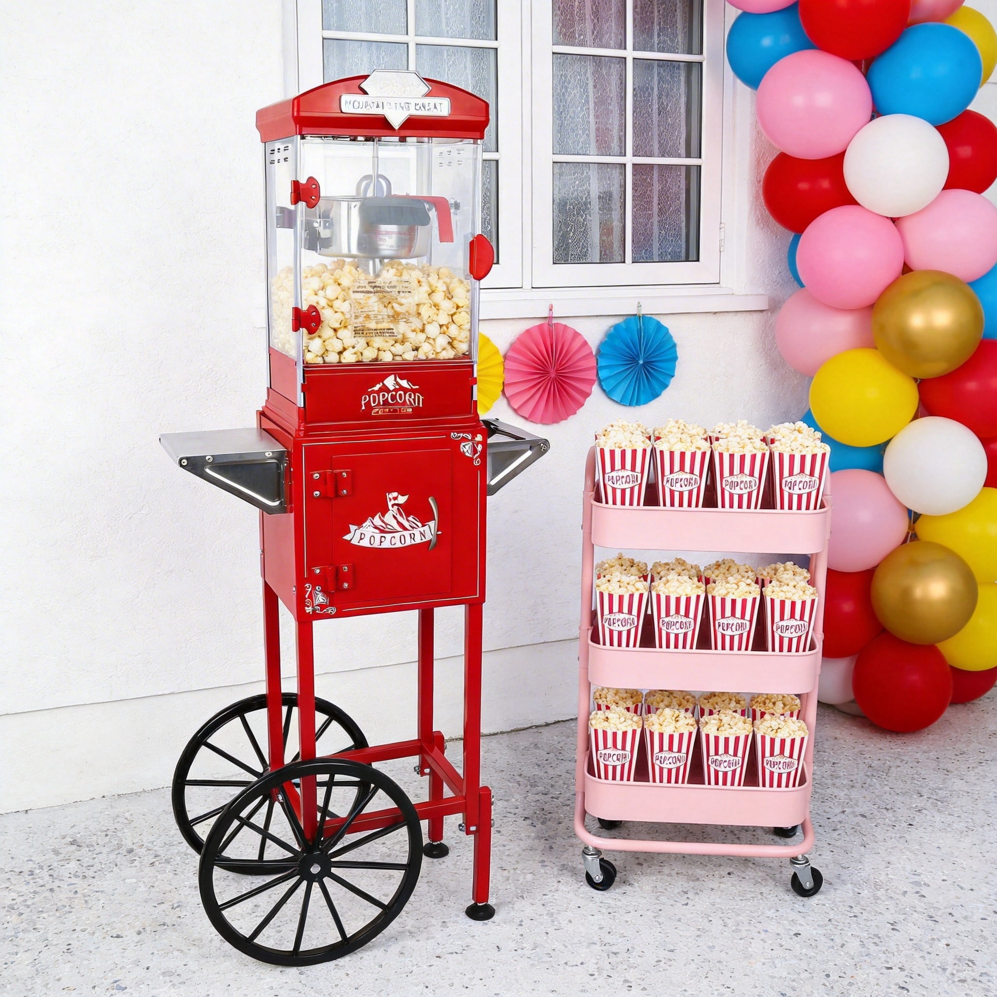 Leumius 10 Oz Popcorn Machine with Cart and Wheels Popcorn Maker Measuring 3 plastic Spoon for Parties, Events, and Home Theater Red