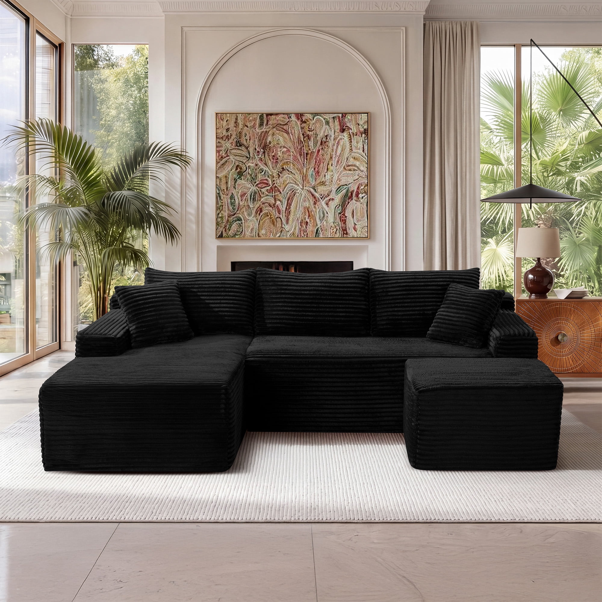 Leumius 106" Sectional Sofa Couch with Deep Seat,U-Shaped Cloud Modular Sleeper Couches for Living Room,Bedroom,Apartment,No Assembly Required,Black-Left
