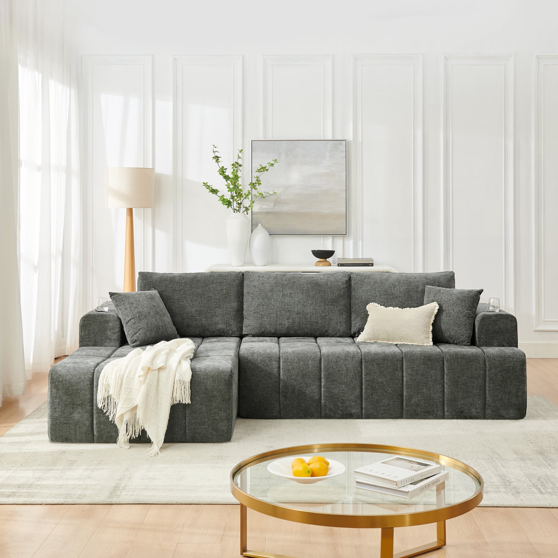 Leumius 108" L-Shaped Sectional Sofa,Chenille Boneless Couch, Modern 3-Seat Upholstered Cloud Couch Sectional with Deep Seat and Cup Holders for Living Room,No Assembly Required,Dark Gray