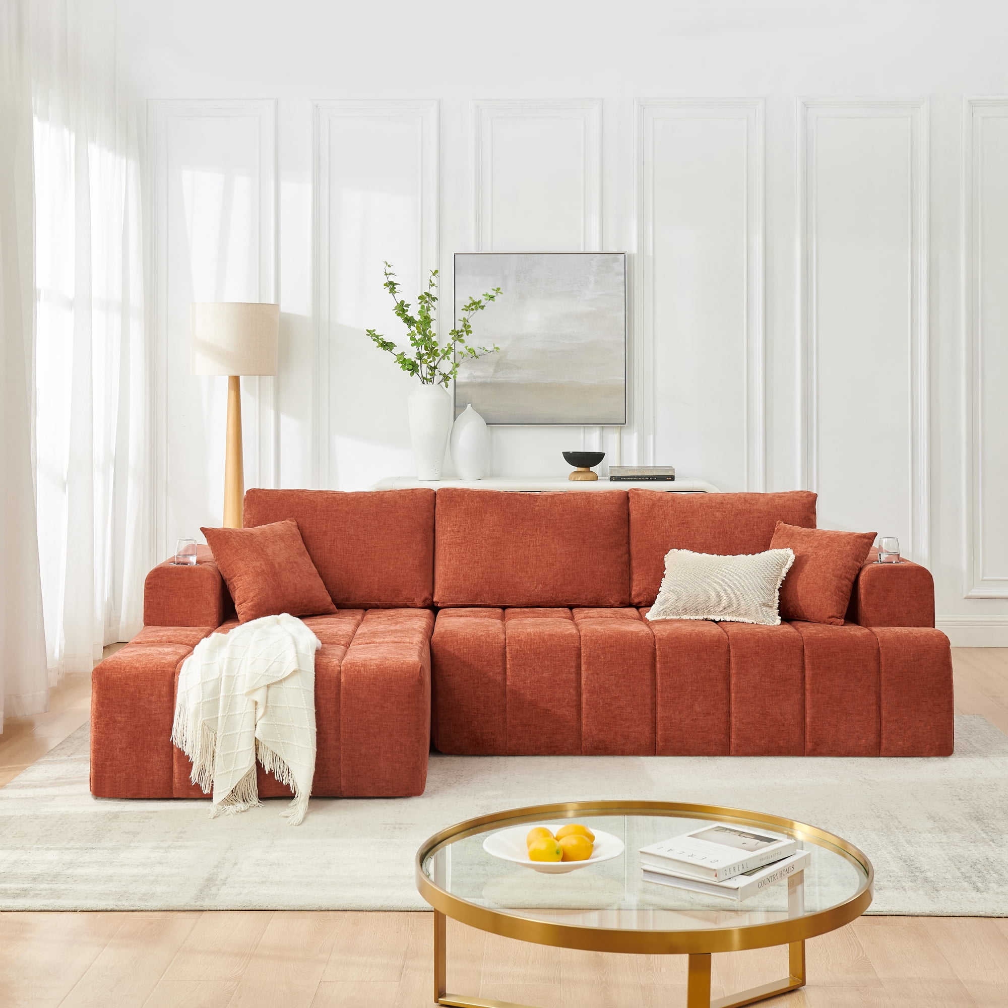 Leumius 108" L-Shaped Sectional Sofa,Chenille Boneless Couch, Modern 3-Seat Upholstered Cloud Couch Sectional with Deep Seat and Cup Holders for Living Room,No Assembly Required,Orange