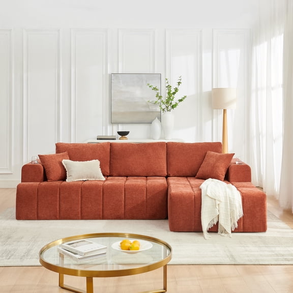 Leumius 108" L-Shaped Sectional Sofa,Chenille Boneless Couch, Modern 3-Seat Upholstered Cloud Couch Sectional with Deep Seat and Cup Holders for Living Room,No Assembly Required,Orange