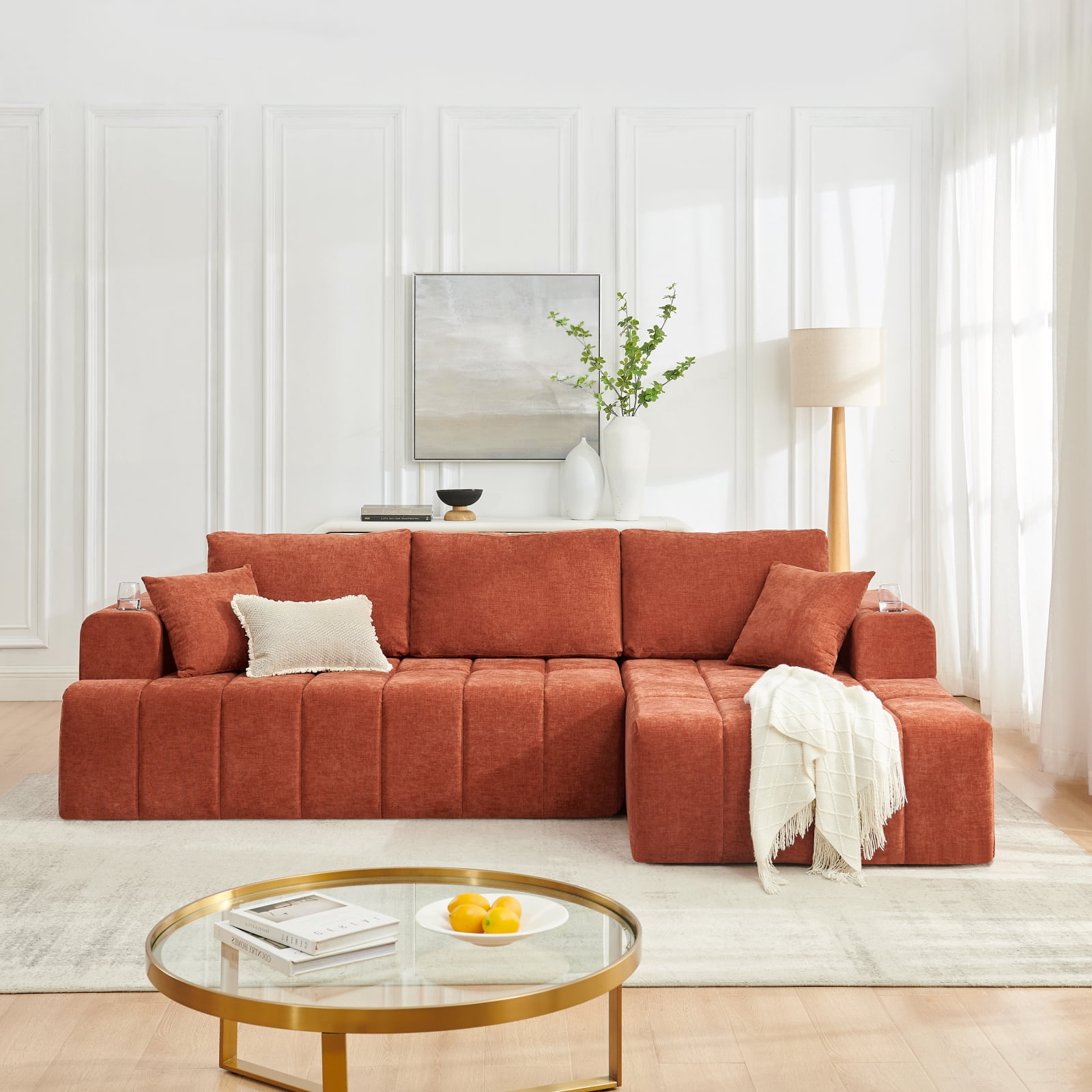 Leumius 108" L-Shaped Sectional Sofa,Chenille Boneless Couch, Modern 3-Seat Upholstered Cloud Couch Sectional with Deep Seat and Cup Holders for Living Room,No Assembly Required,Orange