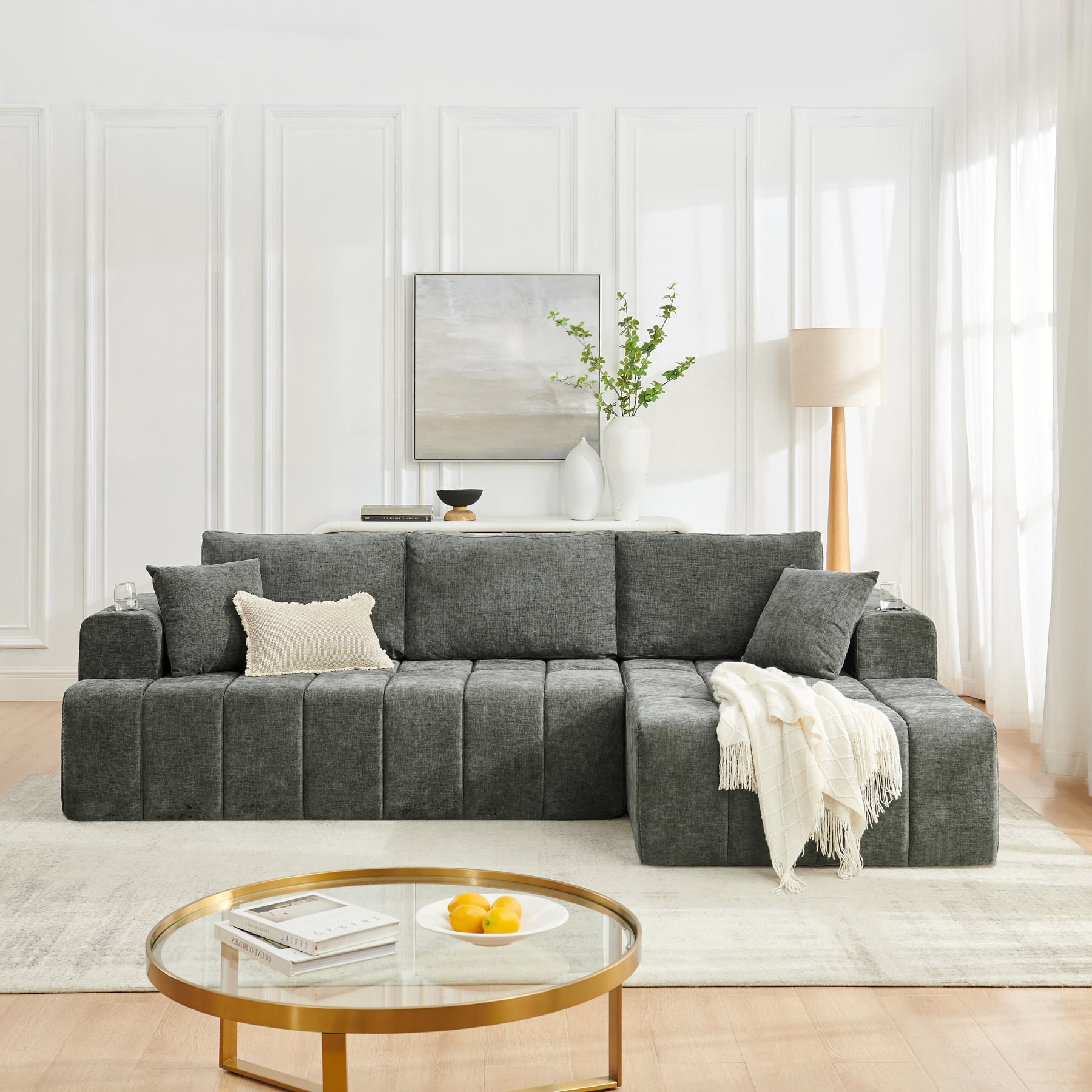 Leumius 108" L-Shaped Sectional Sofa,Chenille Boneless Couch, Modern 3-Seat Upholstered Cloud Couch Sectional with Deep Seat and Cup Holders for Living Room,No Assembly Required,Dark Gray