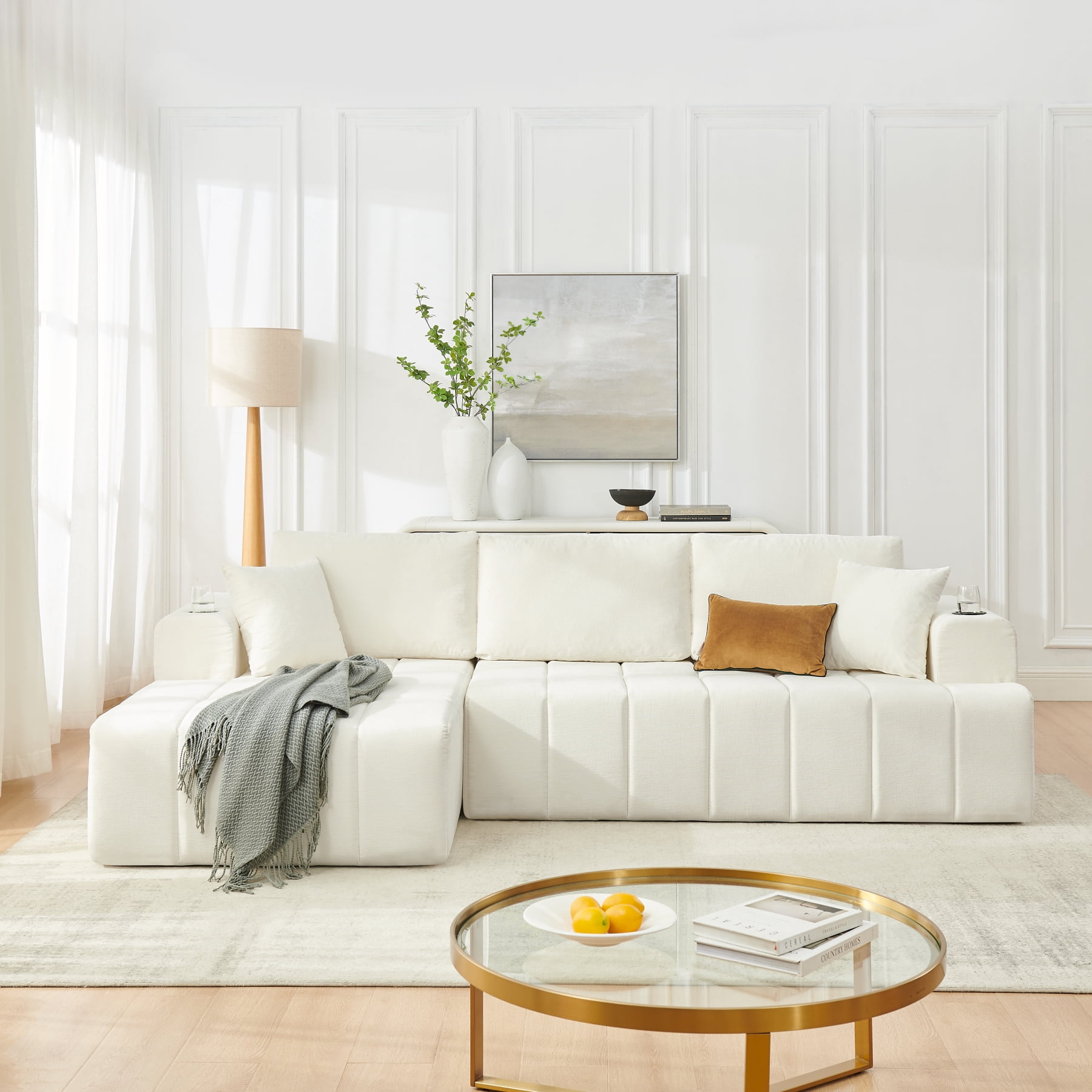 Leumius 108" L-Shaped Sectional Sofa,Chenille Boneless Couch, Modern 3-Seat Upholstered Cloud Couch Sectional with Deep Seat and Cup Holders for Living Room,No Assembly Required,Beige