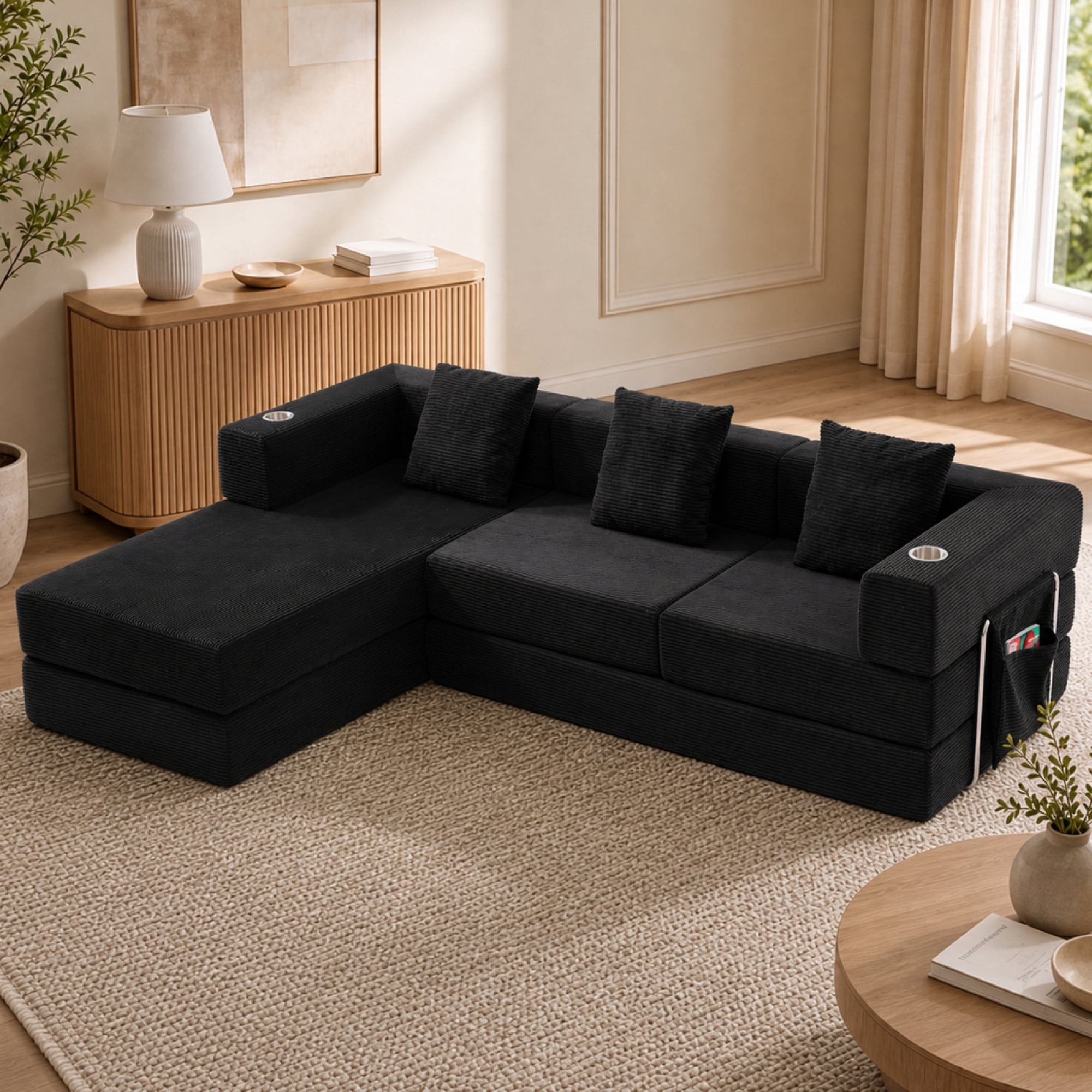 Leumius 108" Modular Sectional Sofa with L-Shape Chaise, Boneless Cloud Couch with Deep Seat for Living Room, Bedroom Black