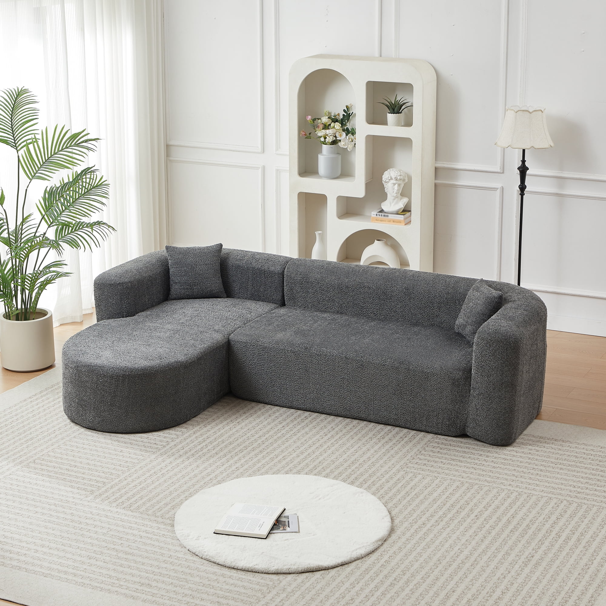 Leumius 109.4" Modern L-Shape Modular Sectional Sofa, Luxury Modern Curved Back Sofa with 2 Throw Pillows, Minimalist Boneless Cloud Couch Gray