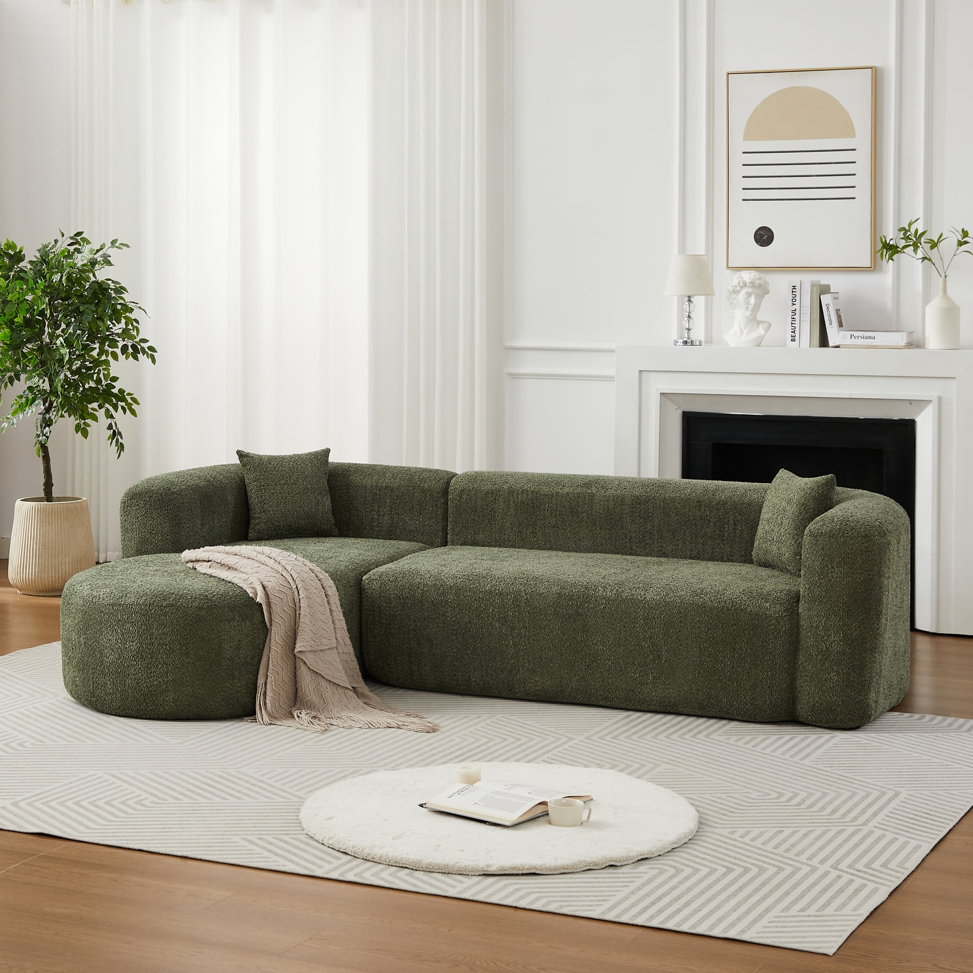 Leumius 109.4" Modern L-Shape Modular Sectional Sofa, Luxury Modern Curved Back Sofa with 2 Throw Pillows, Minimalist Boneless Cloud Couch Green