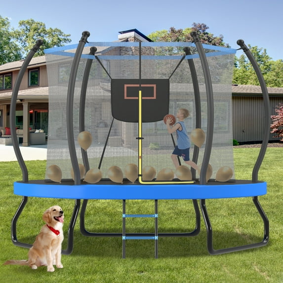 Leumius 10FT Trampoline for Kids,Outdoor Round Trampoline with Safety Enclosure Net and Basketball Hoop,Easy Assembly,Blue