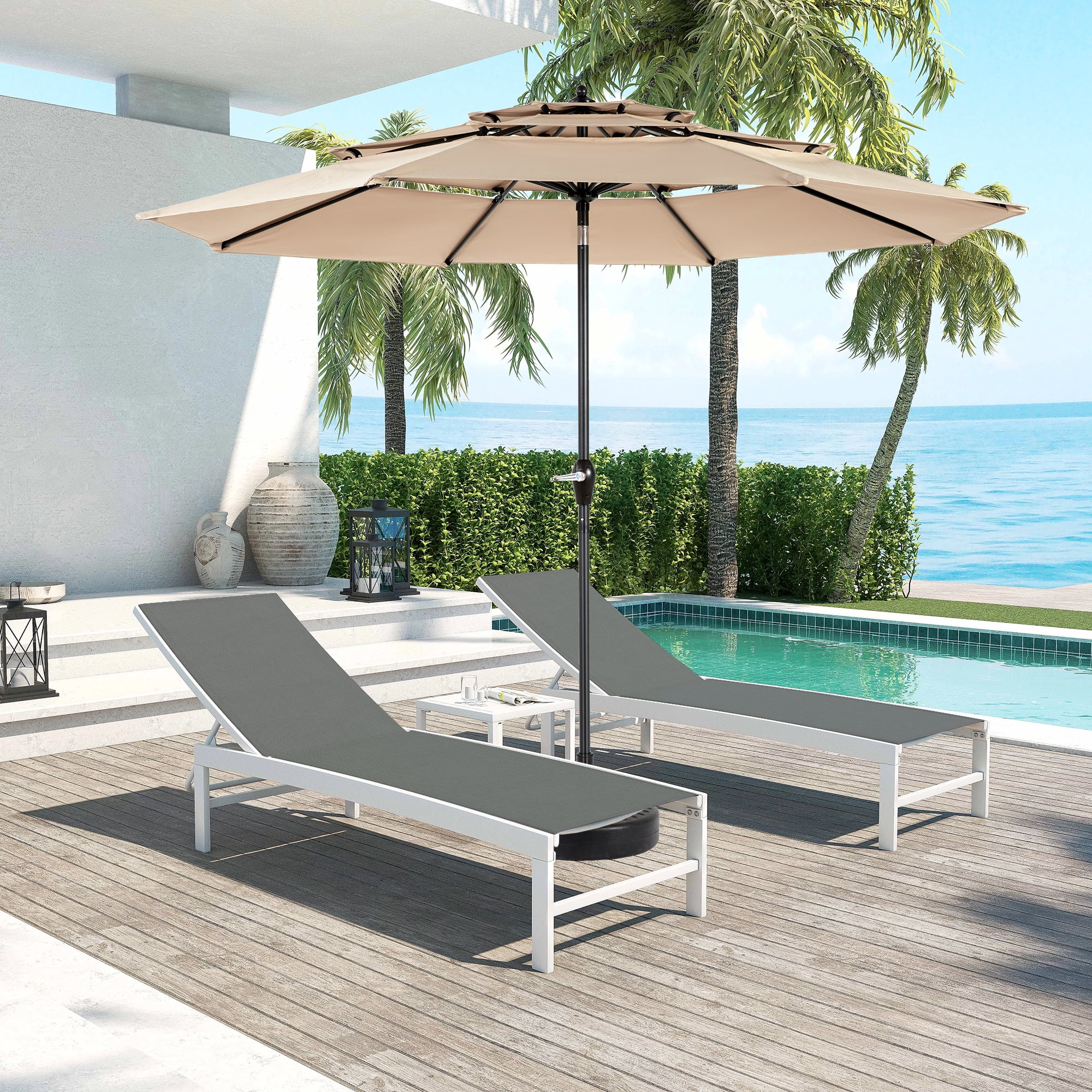 Leumius 10ft Outdoor Patio Umbrellas for Outside,3 Tier Auto-tilt Vented Market Table Umbrella for Backyard, Deck, Garden,Khaki(Base Not Included)