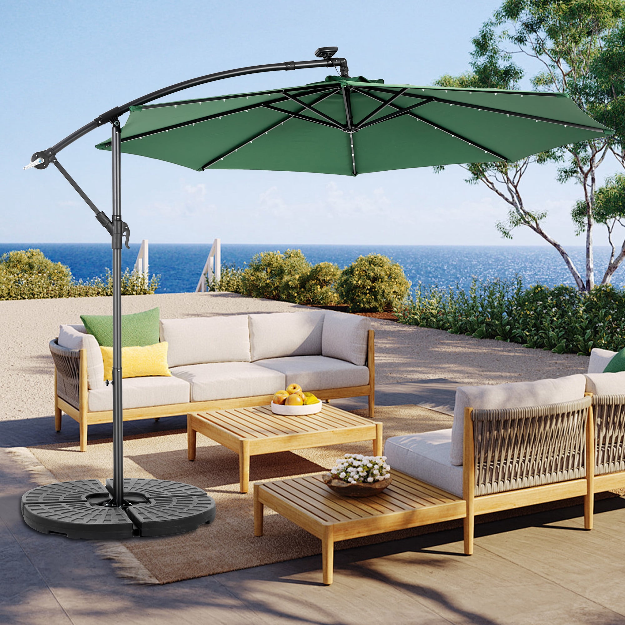 Leumius 10ft Solar LED Patio Umbrella, Offset Cantilever Outdoor Umbrella with 40 LED Lights, Infinite Tilt, 360 Degree Rotation, Crank Handle for Pool Deck Garden Backyard,Dark Green(No Base)