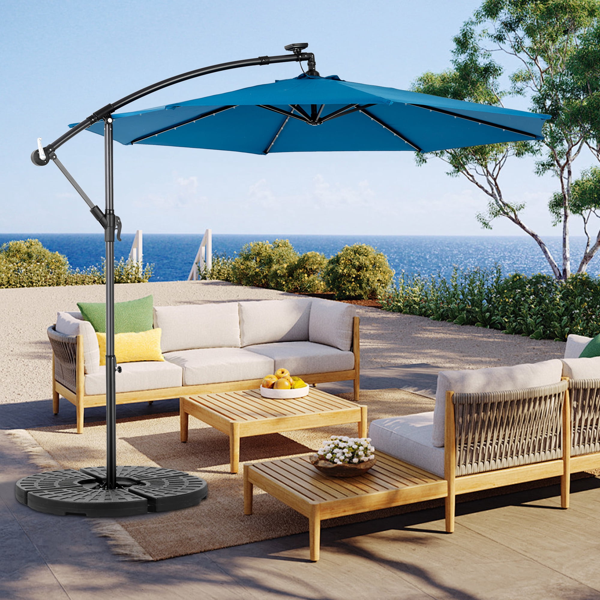 Leumius 10ft Solar LED Patio Umbrella, Offset Cantilever Outdoor Umbrella with 40 LED Lights, Infinite Tilt, 360 Degree Rotation, Crank Handle for Pool Deck Garden Backyard,Dark Blue(No Base)