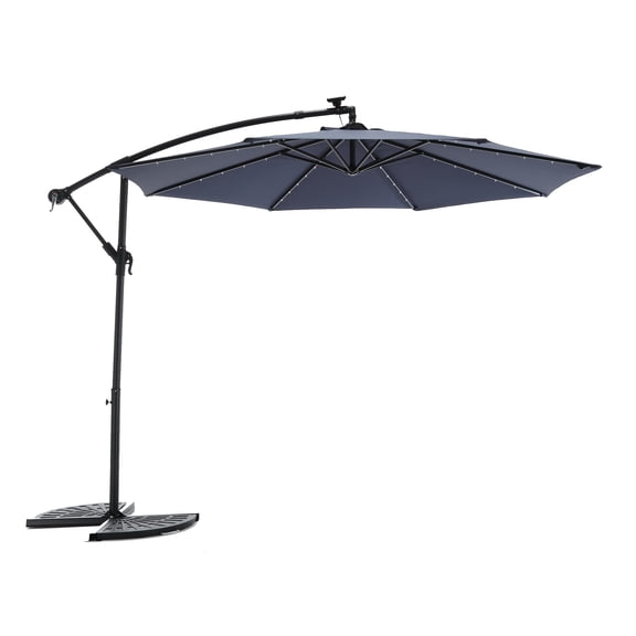 Leumius 10ft Solar LED Patio Umbrella, Offset Cantilever Outdoor Umbrella with 40 LED Lights, Infinite Tilt, 360 Degree Rotation, Crank Handle for Pool Deck Garden Backyard,Navy Blue(No Base)
