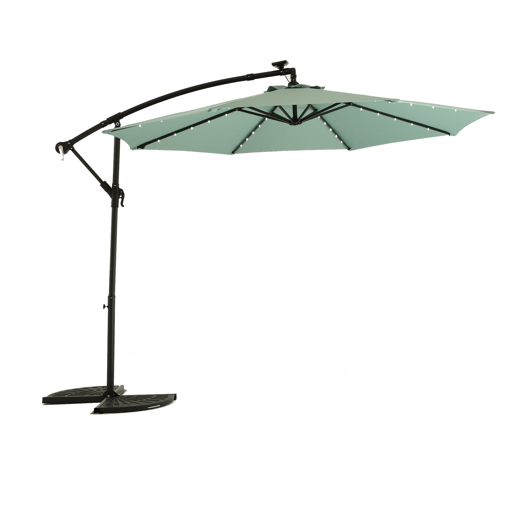 Leumius 10ft Solar LED Patio Umbrella, Offset Cantilever Outdoor Umbrella with 40 LED Lights, Infinite Tilt, 360 Degree Rotation, Crank Handle for Pool Deck Garden Backyard,Light Green(No Base)