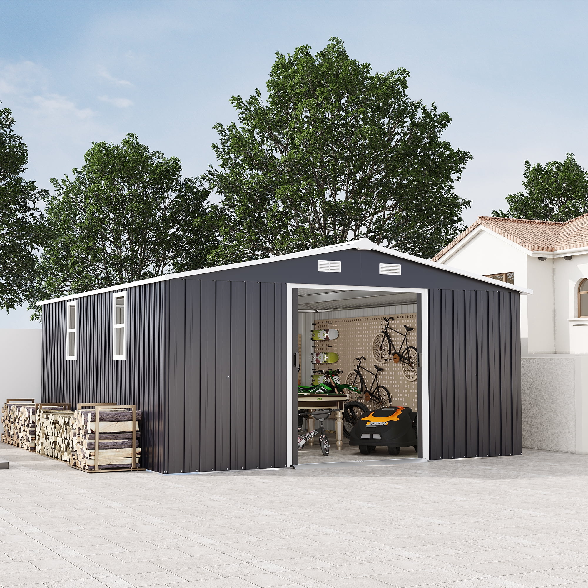 Leumius 10x12 FT Outdoor Metal Storage Shed, Large Storage Sheds with Sturdy Frame Structure, Metal Garden Tool Shed with Lockable Door for Garden Lawn Backyard Dark Gray