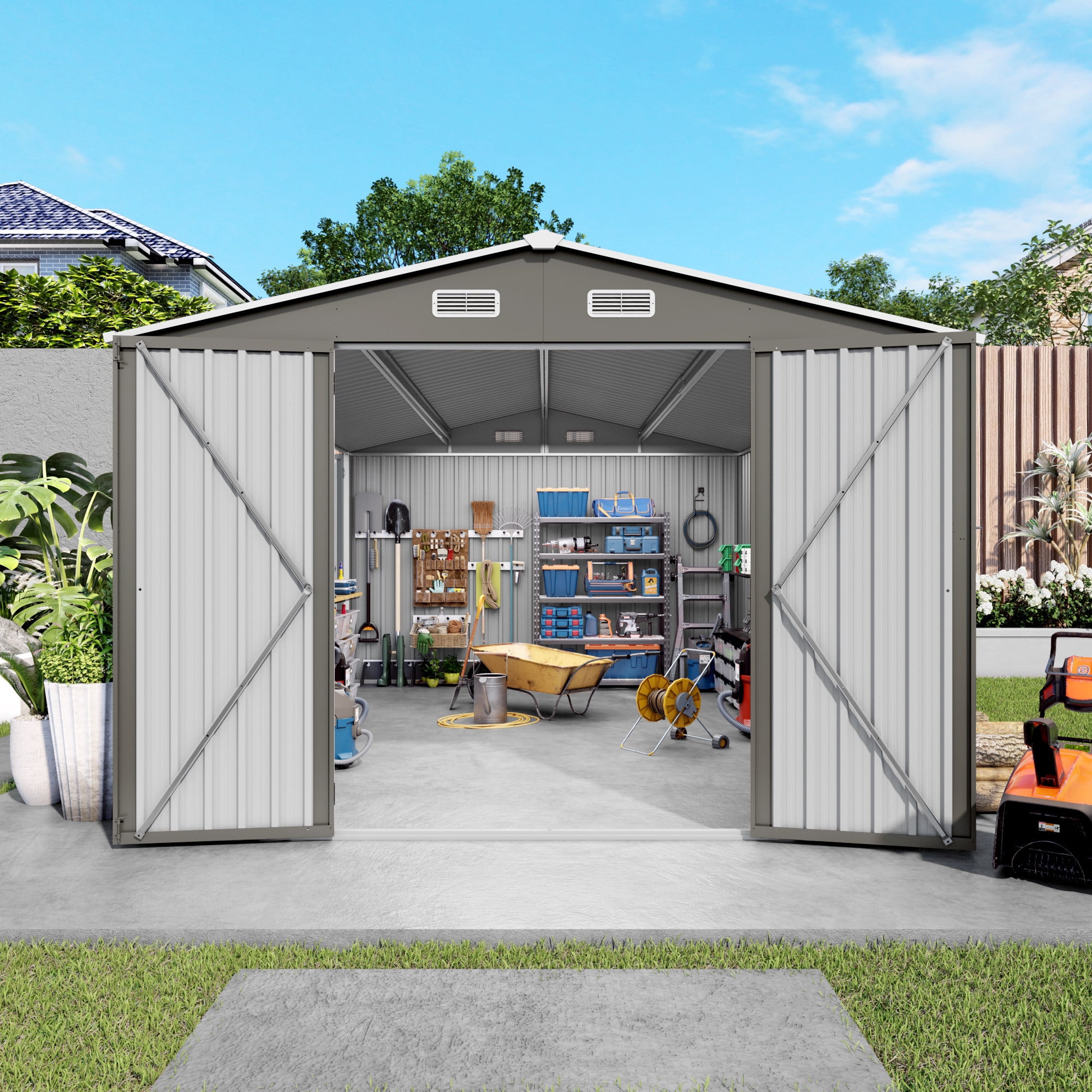 Leumius 10x14 FT Outdoor Metal Storage Shed, Durable Garden Shed with Three Lockable Doors and Clear Window for Backyard, Patio, Garden, All-Weather Shelter for Bike Gardening Tools Lawn Mowers Grey