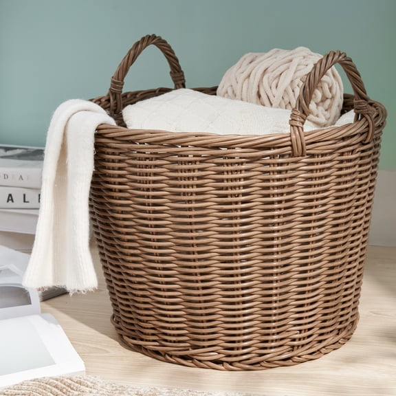 Leumius 11.63 Gal Laundry Hamper Wicker Laundry Basket with Handles, Round Clothes Hamper with Removable Liner Bags Rattan Laundry Basket for Clothes