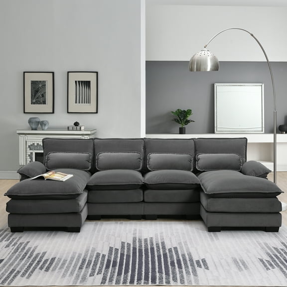 Leumius 110" U-Shaped Sectional Sofa, 6-seat Upholstered Sofa Couch with Chaise Lounge for Living Room, Gray