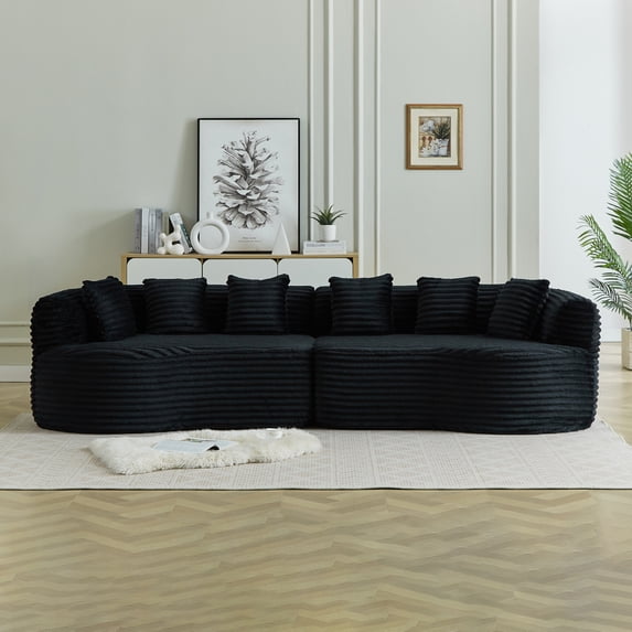 Leumius 111.5" Curved Sectional Sofa, Oversized Corduroy Modern Cloud Sofa with 6 Pillows,4 Seater Memory Foam Sofa with Deep Seat for Living Room,Black Corduroy