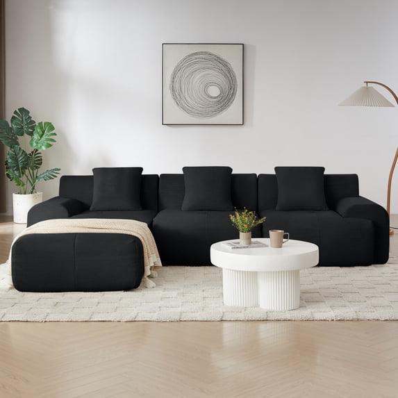 Leumius 113" L-Shaped Modular Sectional Sofa,Corduroy Fabric Upholstered 3 Seater Couch with Deep Seat and Movable Ottoman,No Assembly,Black