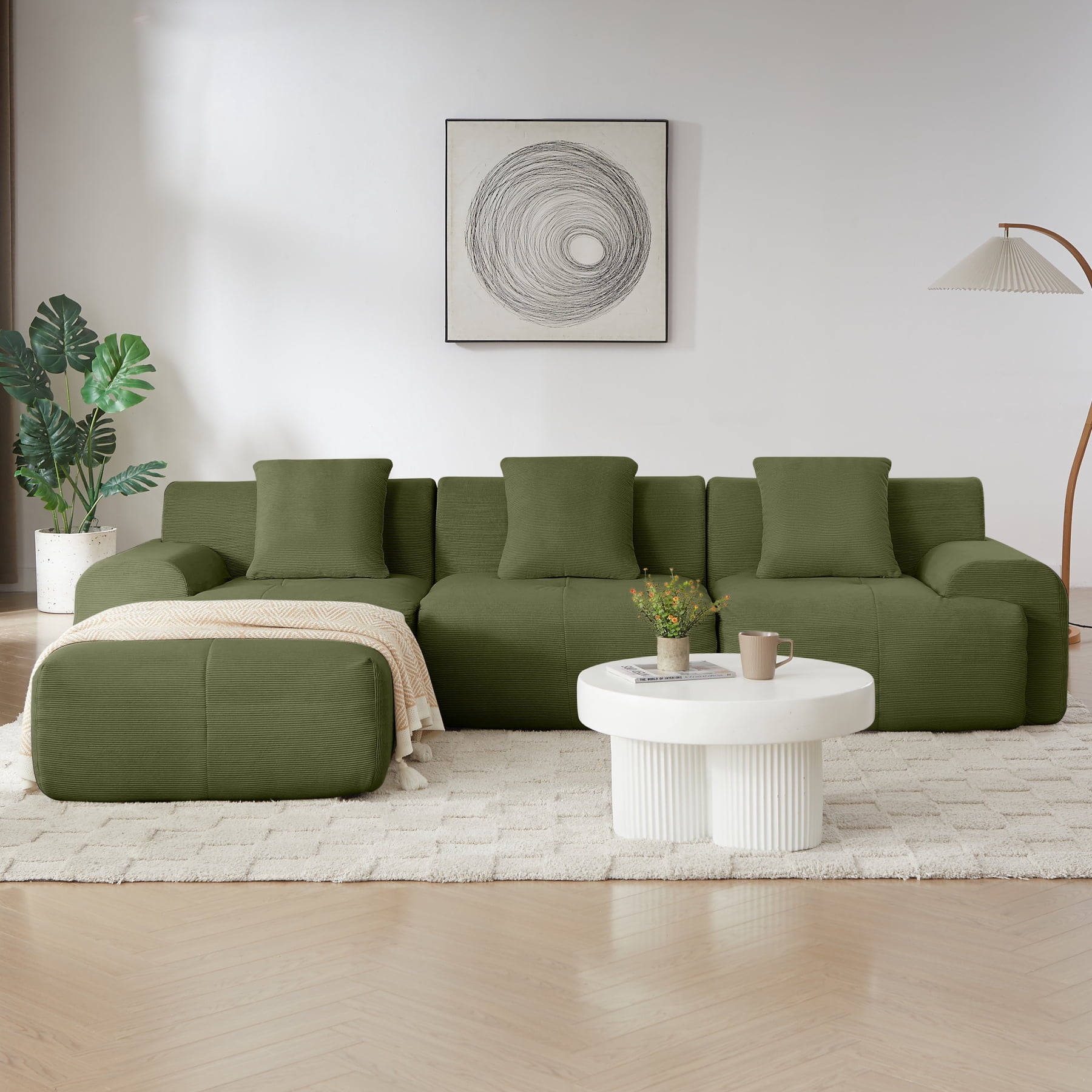 Leumius 113" L-Shaped Modular Sectional Sofa,Corduroy Fabric Upholstered 3 Seater Couch with Deep Seat and Movable Ottoman,No Assembly,Green