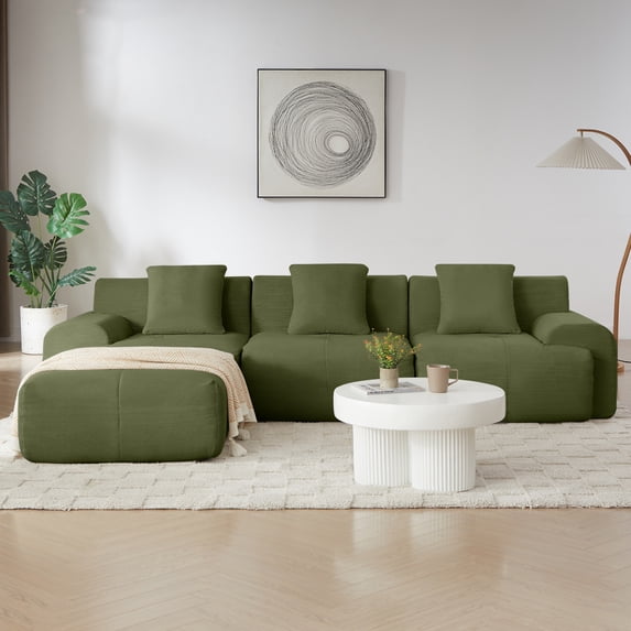 Leumius 113" L-Shaped Modular Sectional Sofa,Corduroy Fabric Upholstered 3 Seater Couch with Deep Seat and Movable Ottoman,No Assembly,Green