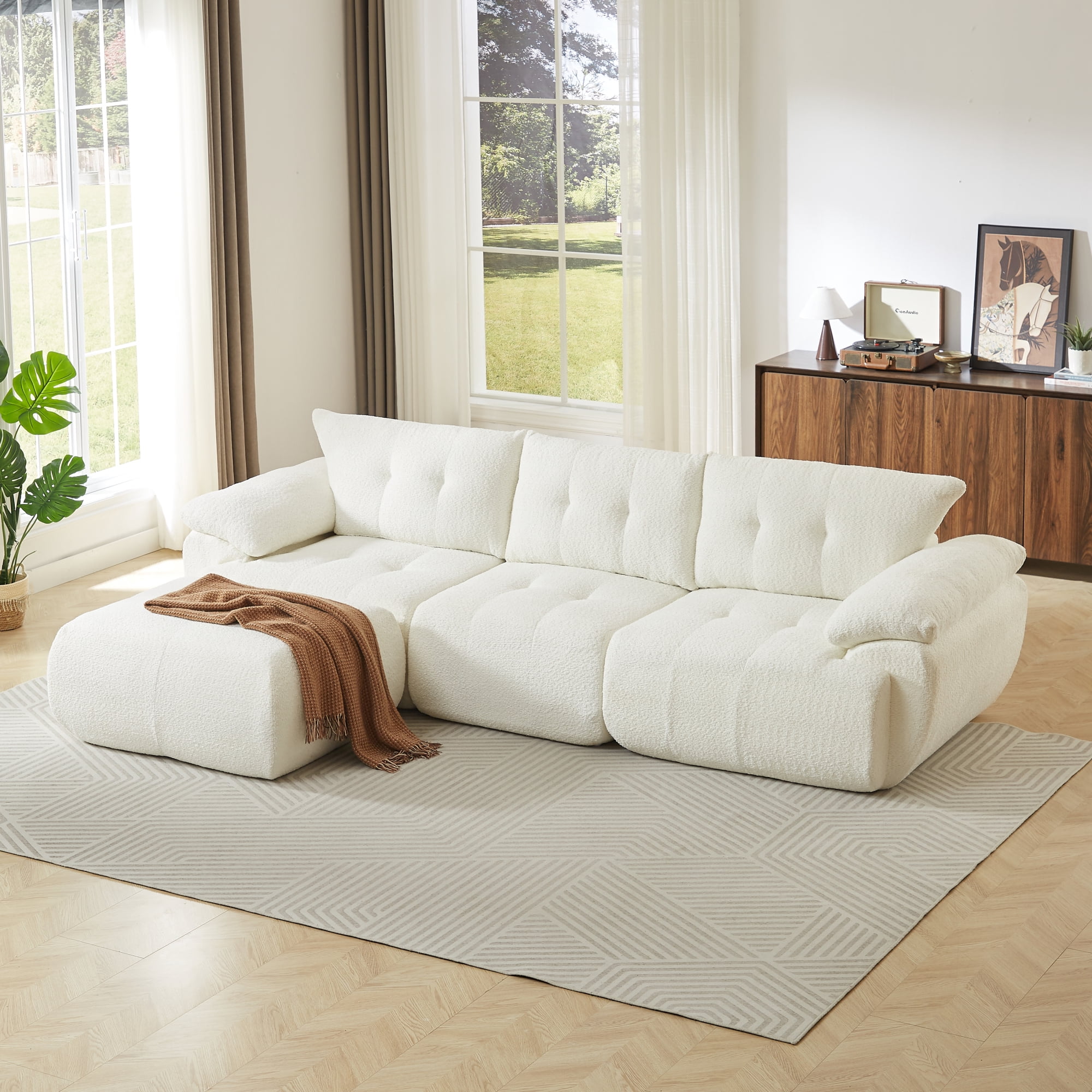 Leumius 115" L-Shaped Modular Sectional Sofa with Chaise,Boneless Comfy Chenille Fluffy Couch with Deep Seat and Curved Horn Backrest,Flexible Module Combination for Living Room, No Assembly,Beige