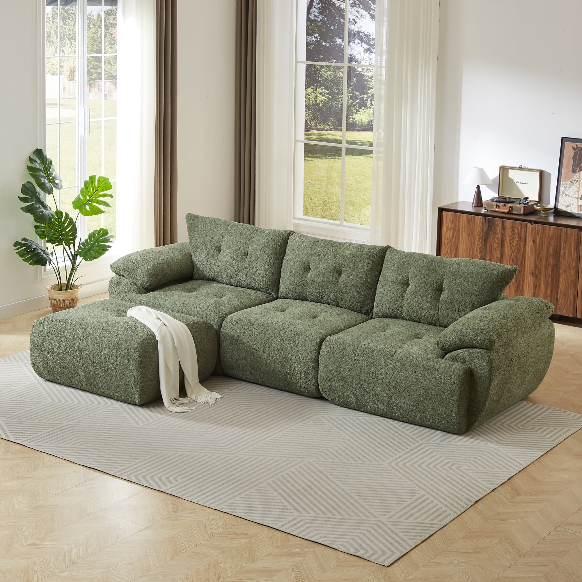 Leumius 115" L-Shaped Modular Sectional Sofa with Chaise,Boneless Comfy Chenille Fluffy Couch with Deep Seat and Curved Horn Backrest,Flexible Module Combination for Living Room, No Assembly,Green