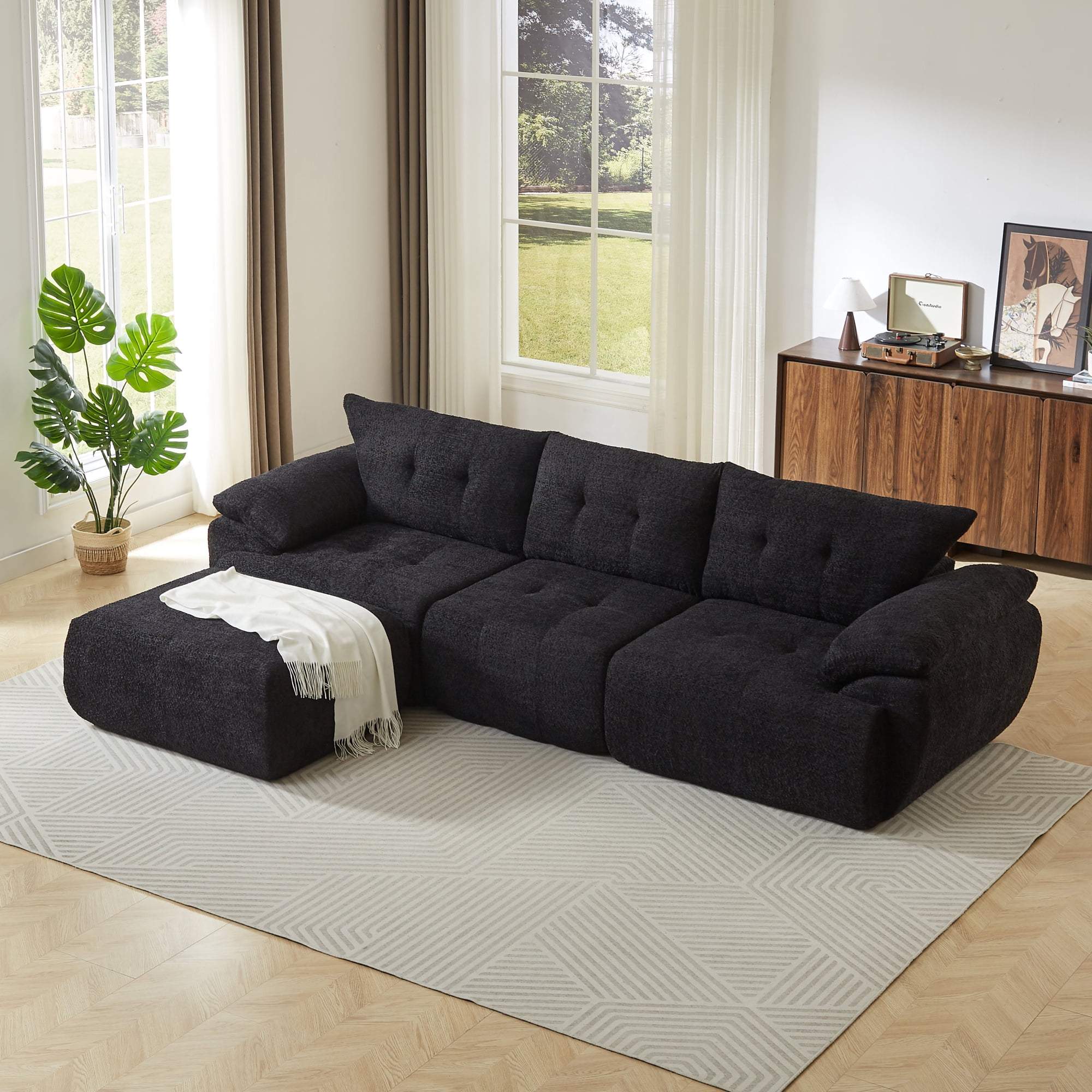 Leumius 115" Modern 3-Seater Sofa, Chenille Sofa with Upholstered Backrest, Curved Horn Backrest for Living Room, Bedroom, Apartment, Office,Black