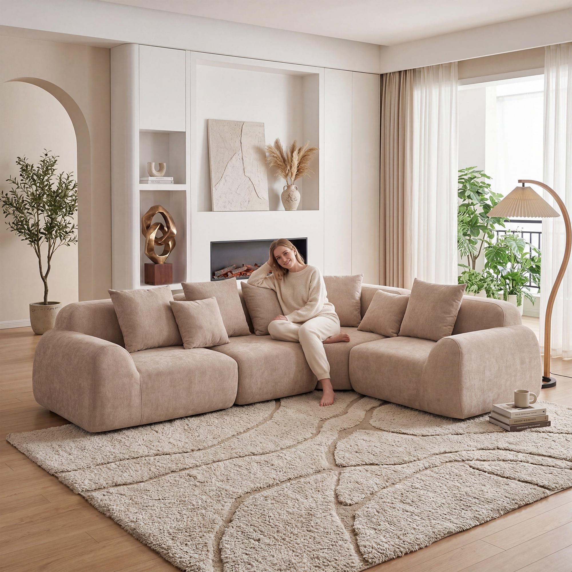 Leumius 116'' Cloud Modular Sectional Sofa,Upholstered Boneless Couch with Memory Foam for Living Room,No Assembly Required,Beige