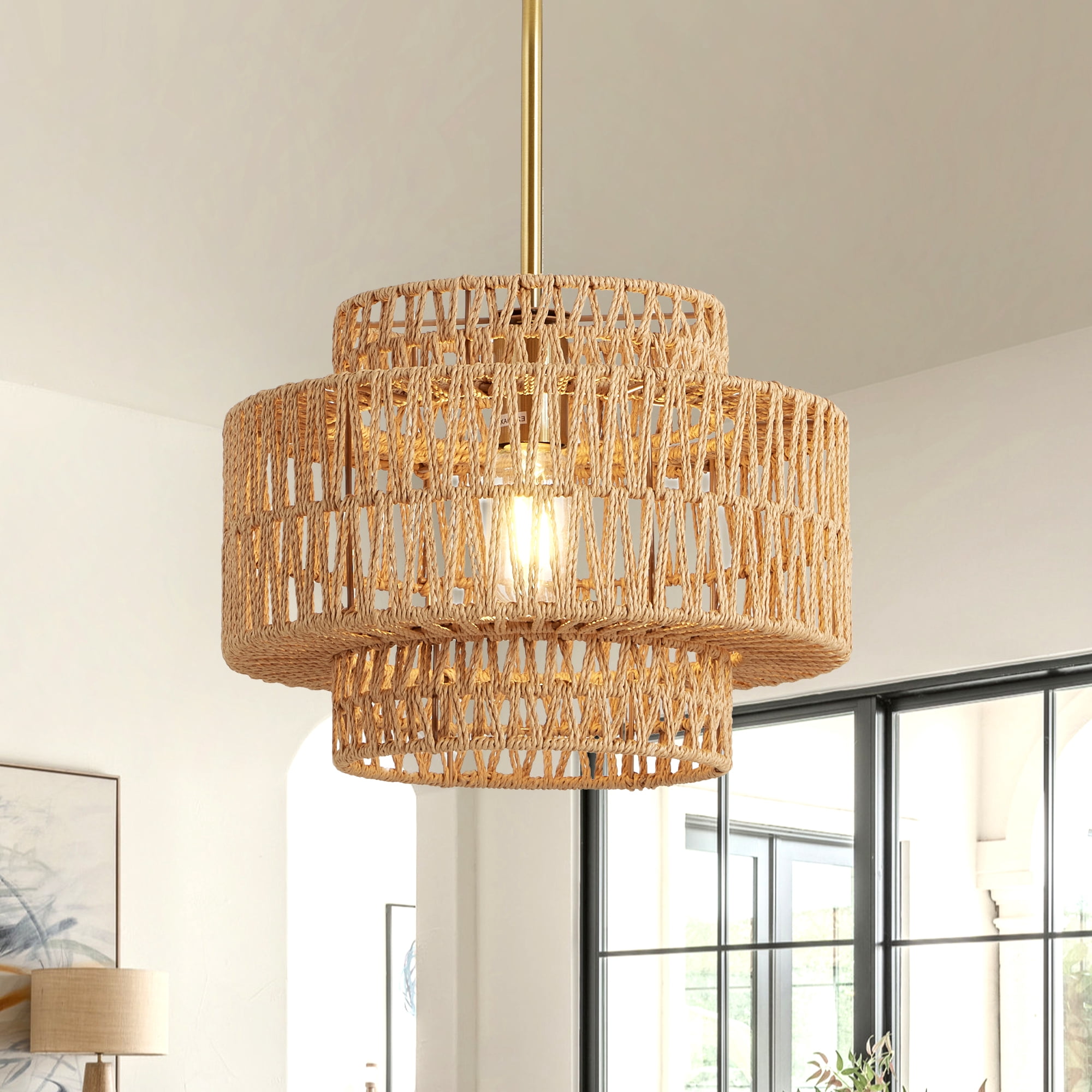 Leumius 12.6" Boho Rattan Chandelier Light Fixture, Hand Woven Pendant Light Fixture Farmhouse Rustic Hanging Lamp for Kitchen Island Bedroom, Dining Room, Living Room, Entryway, Foyer