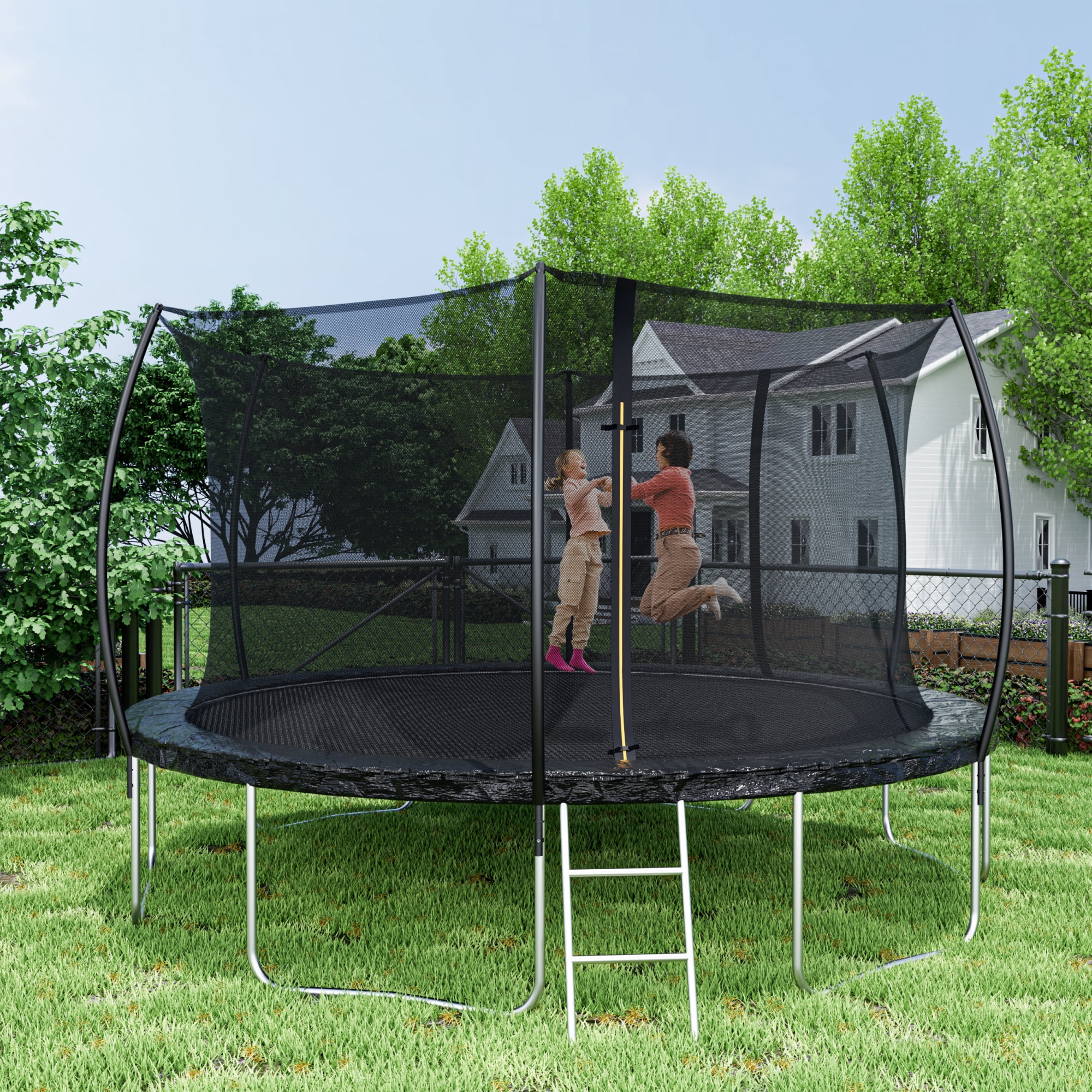 Leumius 12FT Trampoline for Kids and Adults,Outdoor Trampolines with Safety Enclosure Net,Curved Fence Pole,Round Recreational Trampoline with Ladder,Black