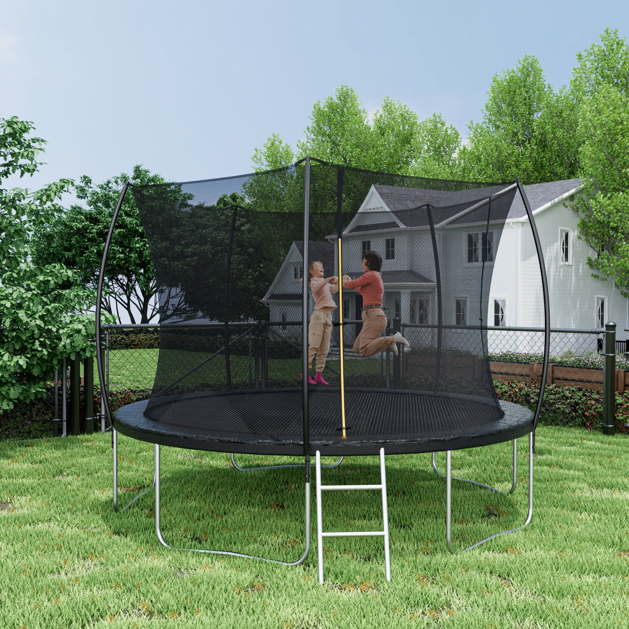 Leumius 12FT Trampoline for Kids and Adults,Outdoor Trampolines with Safety Enclosure Net,Curved Fence Pole,Round Recreational Trampoline with Ladder,Black
