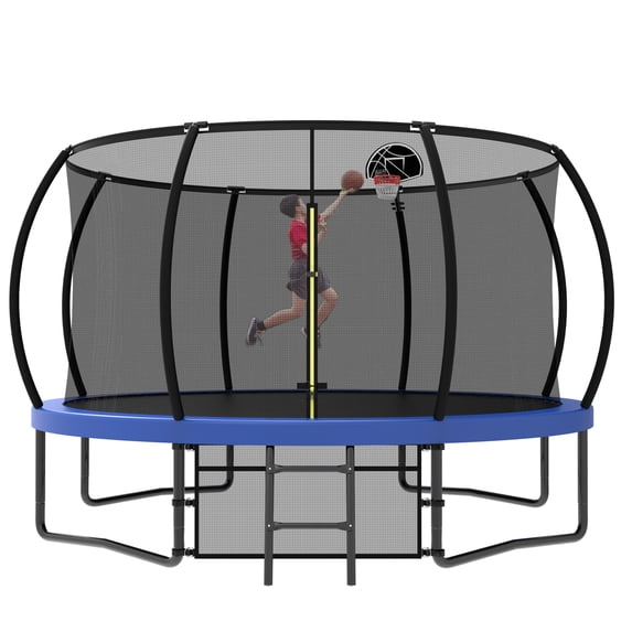 Leumius 12FT Trampoline with Enclosure Net,Heavy Duty Yard Pumpkin Trampolines with Ladder,Outdoor Recreational Trampolines for Kids and Adults,Blue